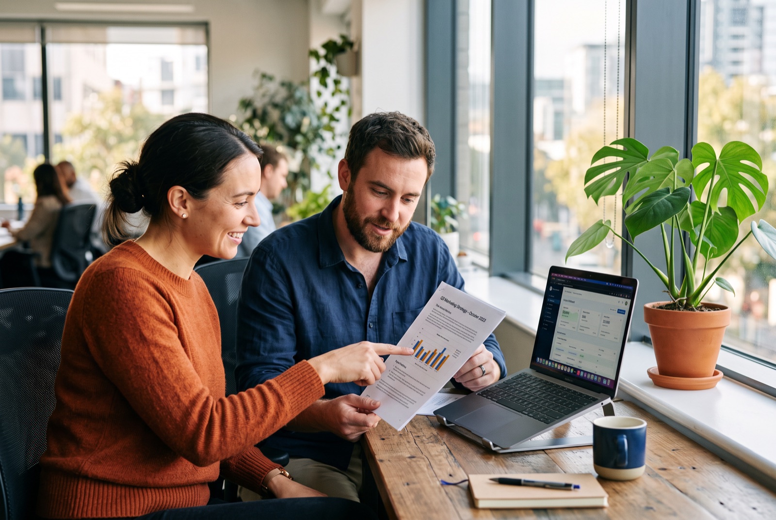 Two colleagues reviewing a document together at a bright modern desk